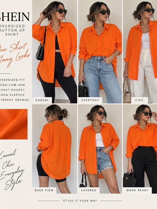 SHEIN Tops - SHEIN Oversized Neon Orange Button Up Shirt Women’s Size S EU 36 High Low Hem